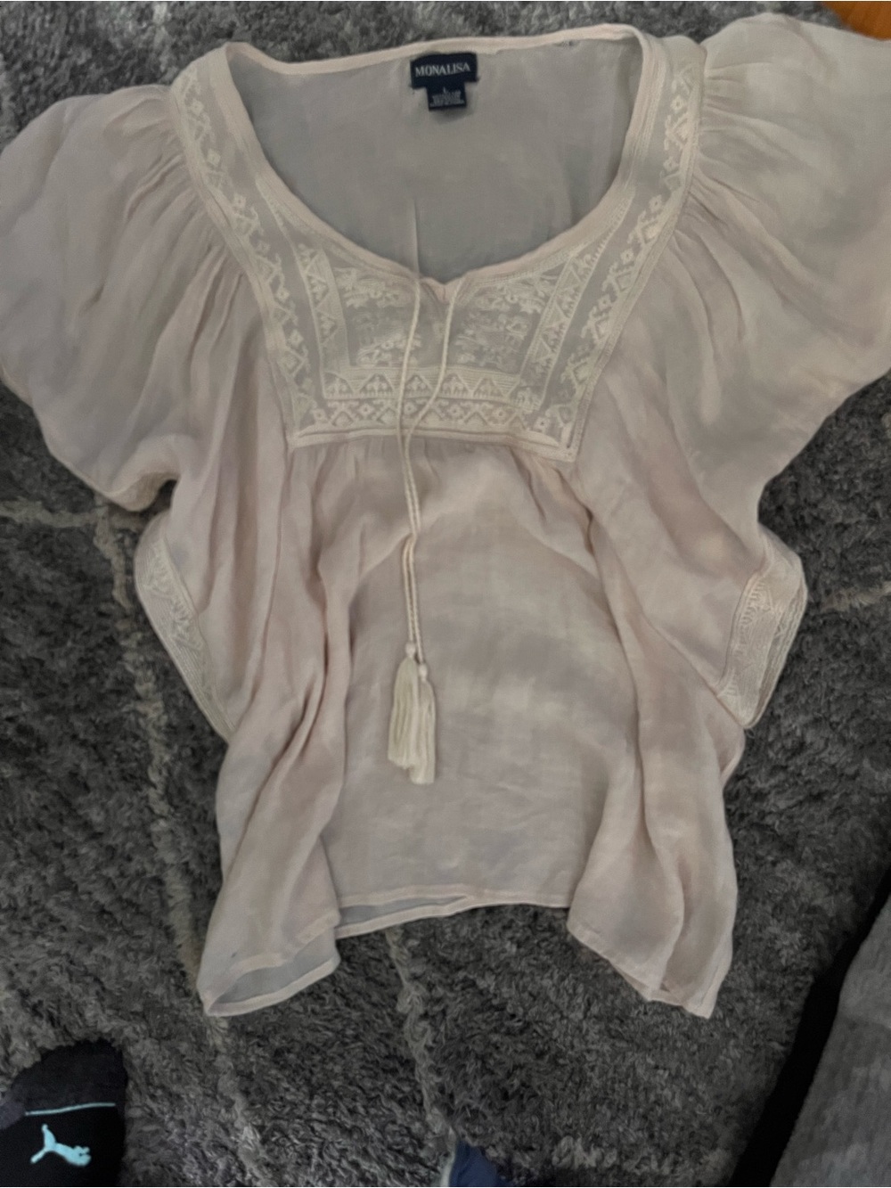 MONA LISA Cream Embroidered Boho Peasant Blouse Size Large